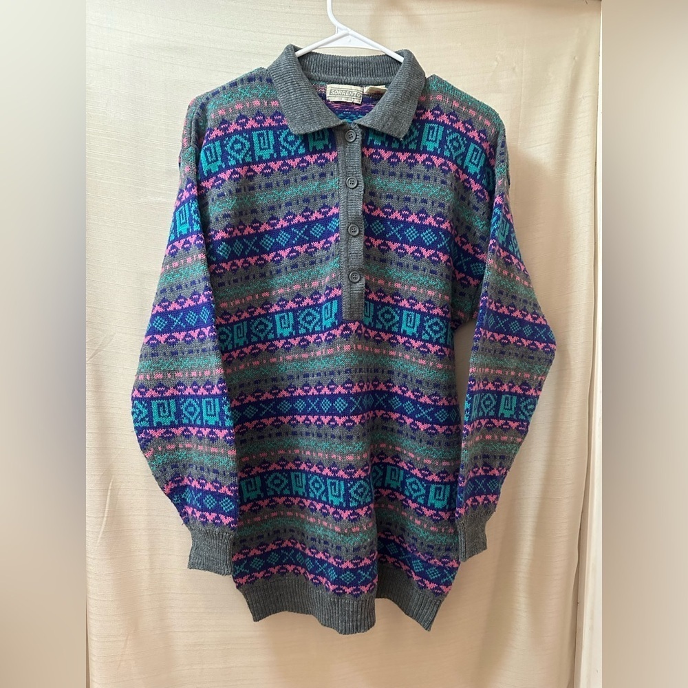 Vintage Sorrento Women’s Knit Sweater L | Collared 90s Geometric Pattern